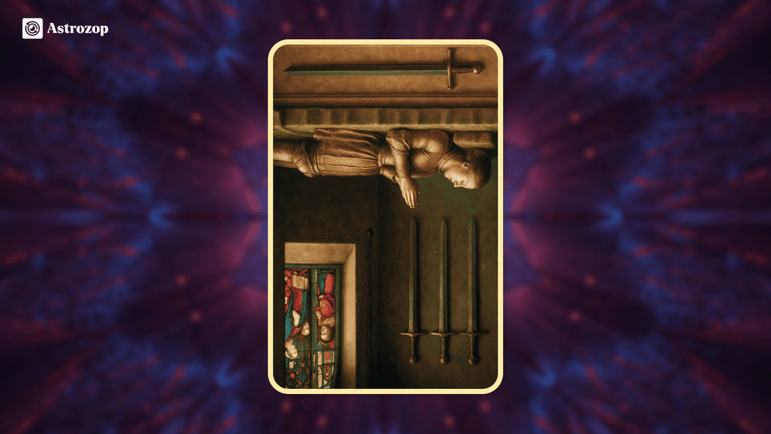 Reversed Four of Swords tarot card showing a resting figure disrupted or uneasy