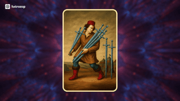 Seven of Swords tarot card showing a figure sneaking away with five swords