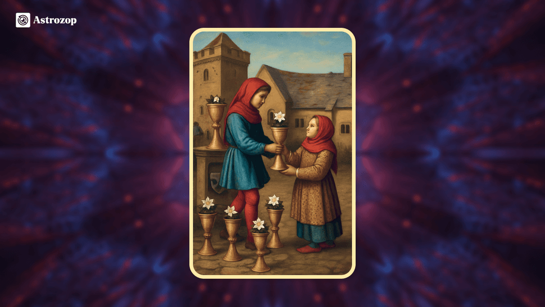 Six of Cups tarot card showing a child giving a cup filled with flowers to another child