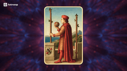 Two of Wands tarot card showing a figure holding a globe and standing between two wands